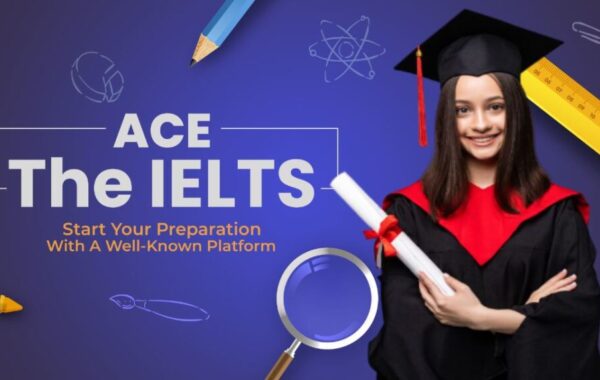 girl showing the best ielts training center in noida with a message saying ace the ielts