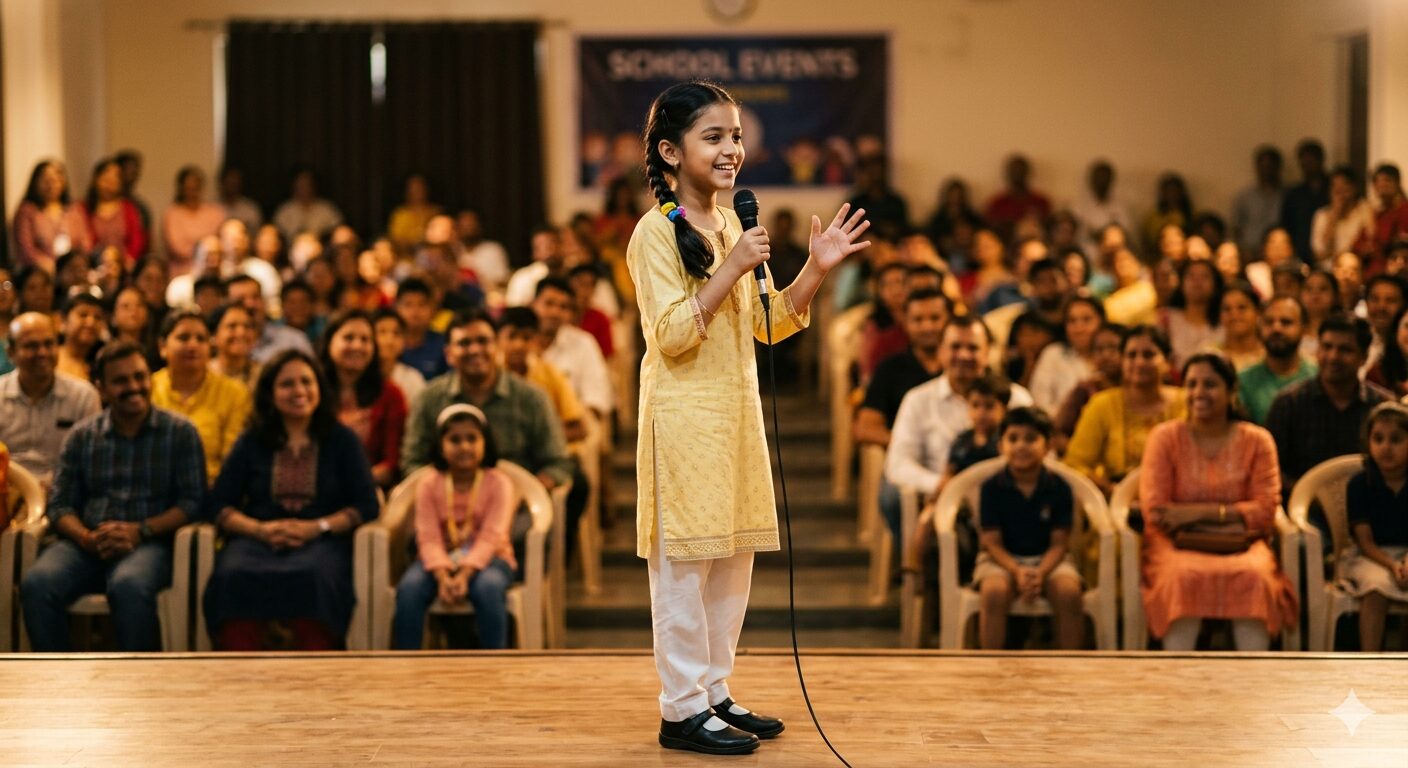 Child doing public speaking at Callens Young Speakers Program, Dwarka Mor